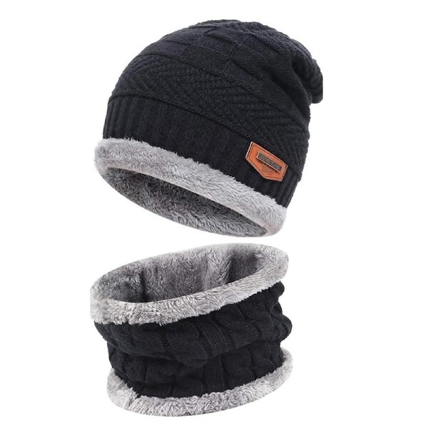Black Ski Cap Neck Warm Beanie Fleece Winter Knitted Hat Men Fur Women