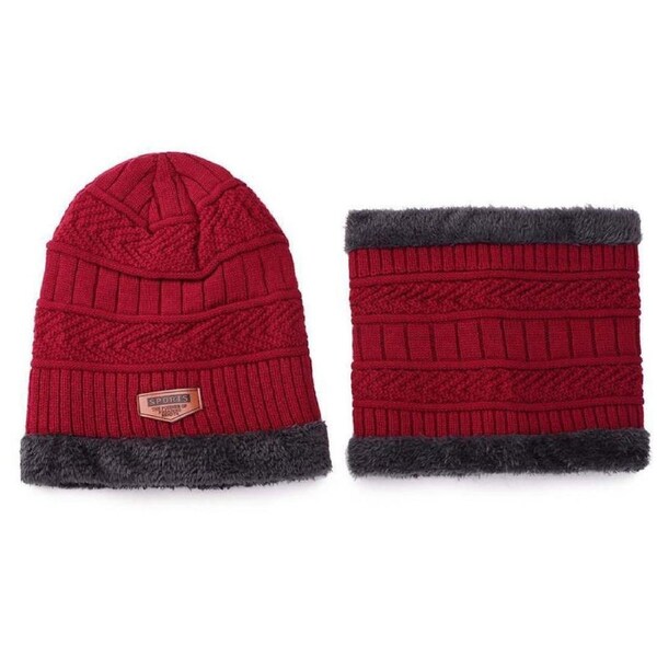 Wine Red Ski Cap Neck Warm Beanie Fleece Winter Knitted Hat Men Fur Women