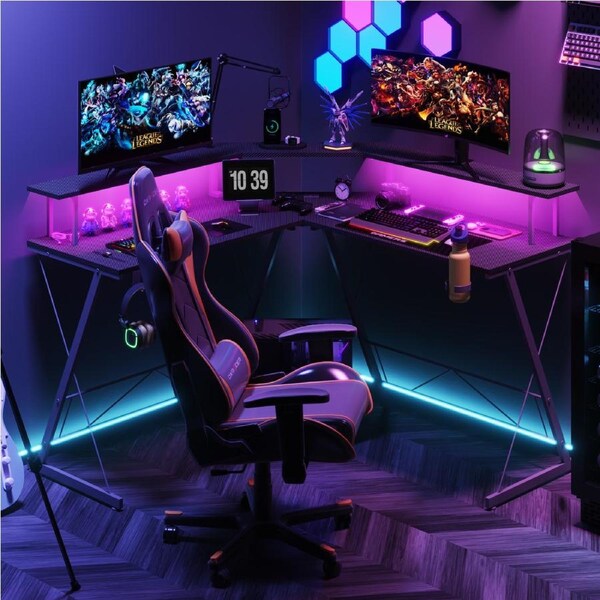 Advwin L Shaped Gaming Desk with LED Lights & Power Outlets Computer Corner Desk with Monitor Stand Black