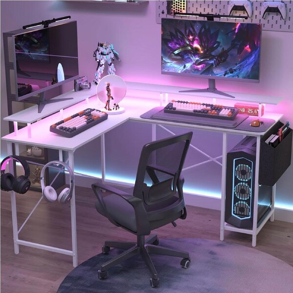 Advwin L Shaped Gaming Desk with LED Lights & Power Outlets Computer Desk with Monitor Stand Corner Desk with Hooks White