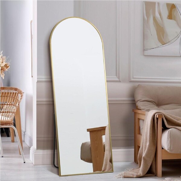 Oikiture 180x70cm Full Length Mirror Arched Dressing Floor Mirrors Free Standing Gold