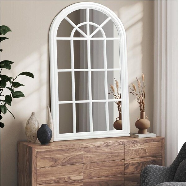 Oikiture Wooden Window Mirror 130x70cm Arched Wall Mirrors Decor White