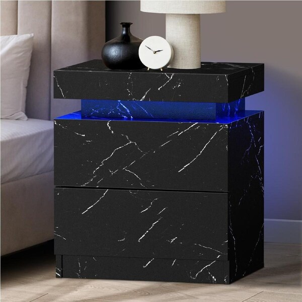 Oikiture Bedside Table 2 Drawers LED Side Tables Nightstand Marble Effect Black