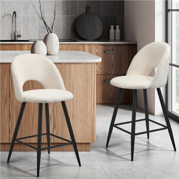 Oikiture 2x Bar Stools Kitchen Counter Stool Dining Chairs Boucle White HORN