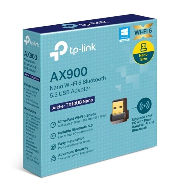 TP-Link Archer TX10UB Nano AX900 Nano Wi-Fi 6 Bluetooth 5.3 USB Adapter, 600 Mbps at 5 GHz + 287 Mbps at 2.4 GHz , Internal Antennas, USB 2.0