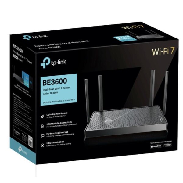 TP-Link Archer BE3600 BE3600 Dual-Band Wi-Fi 7 Router (WIFI7) 1148 Mbps at 2.4 GHz + 4804 Mbps at 5 GHz, 8? Antennas, 2.0 GHz Quad- Core CPU