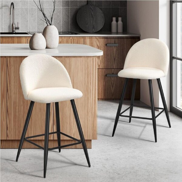 Oikiture 2x Bar Stools Kitchen Stool Dining Chairs White Boucle Padded