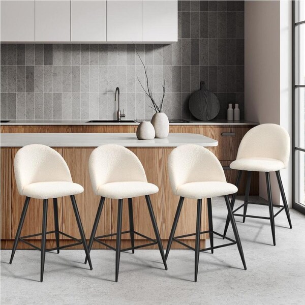 Oikiture 4x Bar Stools Kitchen Stool Dining Chairs White Boucle Padded
