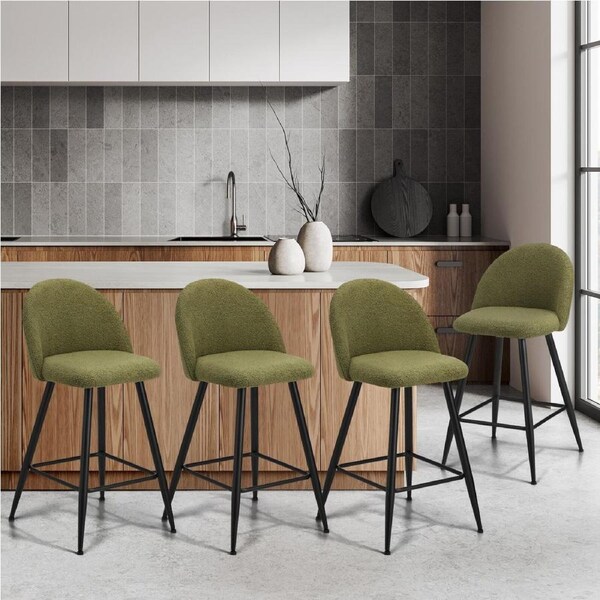 Oikiture 4x Bar Stools Kitchen Stool Dining Chairs Green Boucle Padded