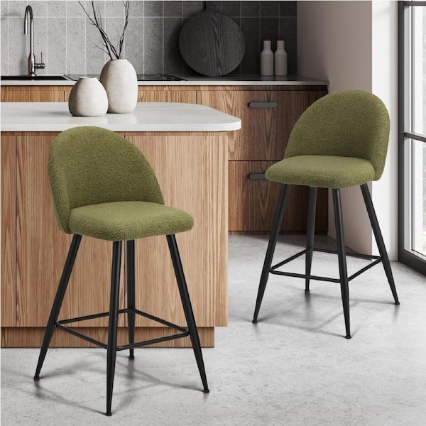 Oikiture 2x Bar Stools Kitchen Stool Dining Chairs Green Boucle Padded