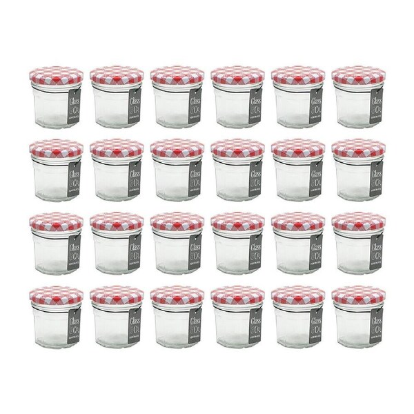 24PK Glass & Co Cleo Glass Jar Container w/ Checked Lid Clear/Red 110ml