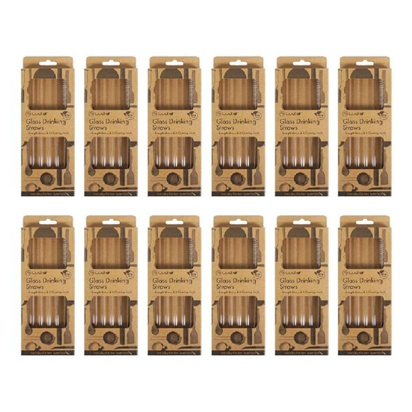 60pc Topchef Re-Usable Glass Drinking Liquid Straight Straws & Brush Clear