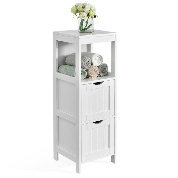 Costway Wooden Floor Storage Cabinet Modern Corner Unit w/2 Drawers Living Room White
