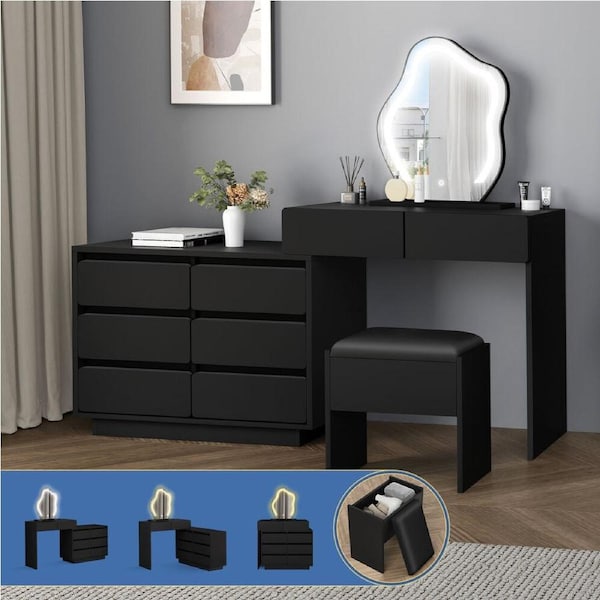 ALFORDSON Dressing Table Stool Set Makeup Mirror Desk LED 8 Drawers Black