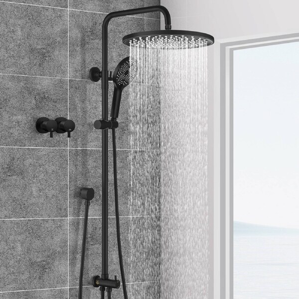 ACA 10" Round Shower Head With Twin Taps Set 3-MODE Handheld Sliding Height Rail Diverter Black