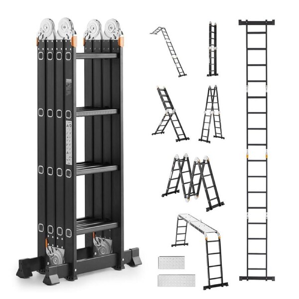 Multi-Purpose Folding Ladder 7-in-1 4 Step 15.5ft with Scaffolding Plank
