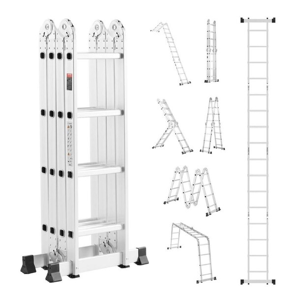 Multi-Purpose Folding Ladder 7-in-1 4 Step 15.5ft Reach Height for Work
