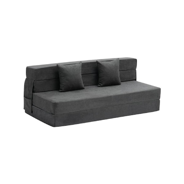 Folding Sofa Bed 3-in-1 Foldable Couch Bed with 2 Pillows Dark Grey Queen