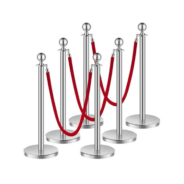 6 Pcs Silver Stanchion Post 3 Red Velvet Ropes Sand Injection Hollow Base