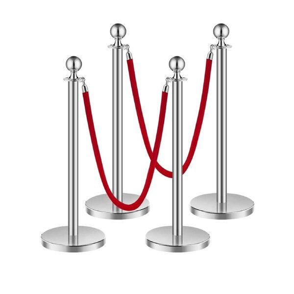 4 Pcs Silver Stanchion Post 2 Red Velvet Ropes Sand Injection Hollow Base