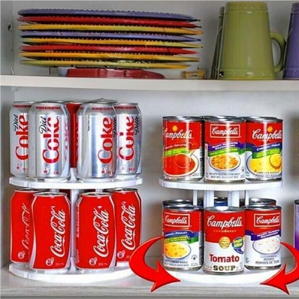 2-Tier Rotating Soft Drink Can Organizer Rack, Holds 12 Cans, Smooth Rotation