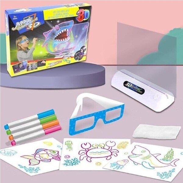 Kids 3D Drawing Board - LED Light Board, 3D Glasses, & Markers for Fun Tracing
