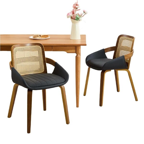HOMFURN Set of 2 Rattan Back Dining Chairs, Black Faux Leather