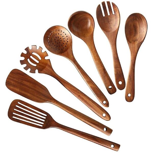 New Wooden Kitchen Utensils Set,Wooden Spoons for Cooking Natural Teak Wood Kitchen Spatula Set for Including 7 Pack