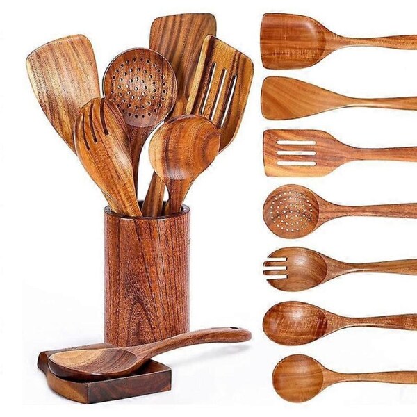 9 PCS Wooden Spoons for Cooking, Wooden Utensils for Cooking with Utensils Holder, Teak Wooden Kitc