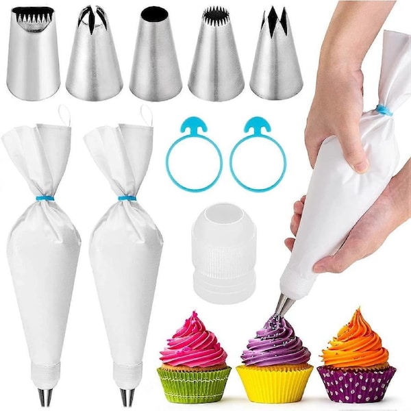 Set of 2 Premium Piping Bags 5 Stainless Steel Piping Bags - Reusable Cotton Piping Bag 40 cm - Resistant Professional Quality in Easily Washable Fabr