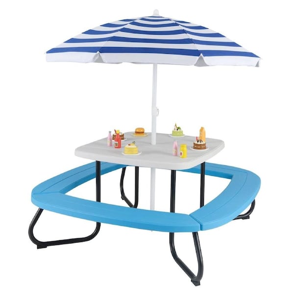 Babyjoy 8-Person Kids Picnic Table Outdoor Activity Table w/Adjustable Umbrella Metal Frame Bench Set White