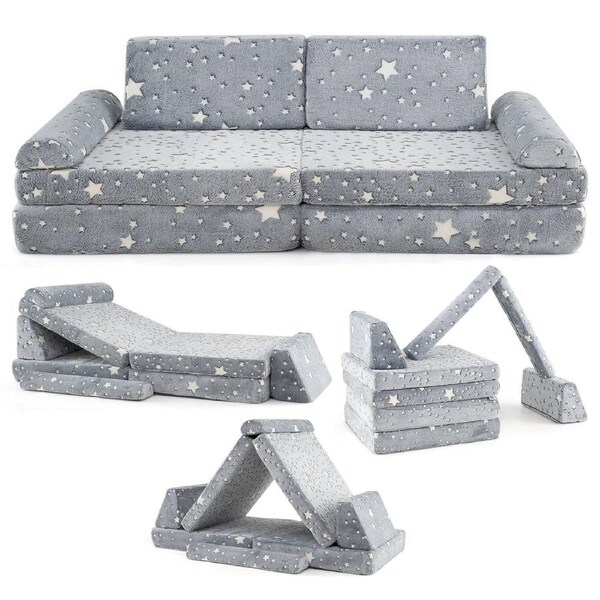 Babyjoy 6PCS Modular Kids Play Couch Glow in the Dark Sofa w/Handles & Covers Convertible Foam Couch Grey