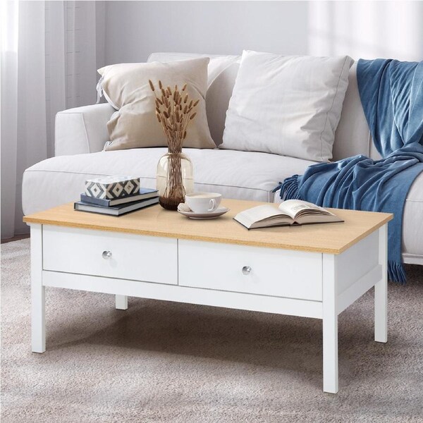 Oikiture Coffee Table Storage Drawers Side Tables Sofa Cafe Desk Natural White