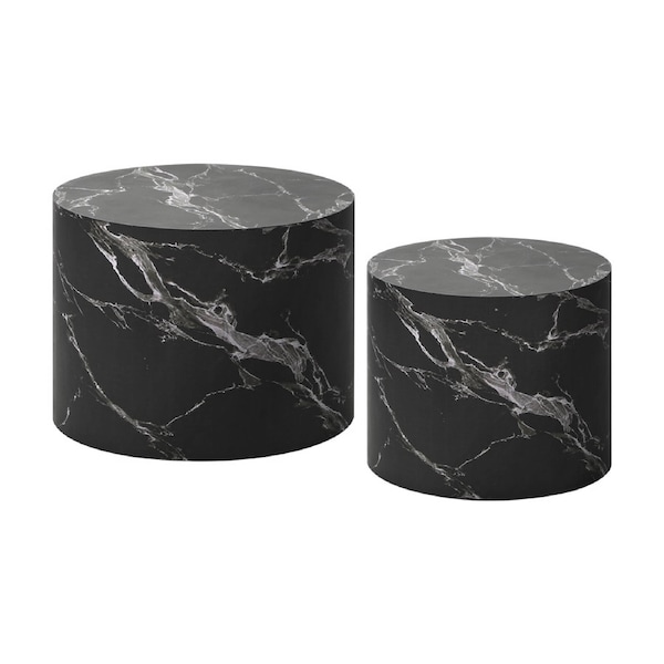 Oikiture Coffee Table Set of 2 Round Side Tables Sofa Cafe Marble Effect Black