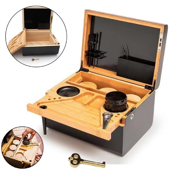 OZNALA Wooden Storage Chest Organizer With Movable Tray Lockable Wood Stash Box Rolling Tray Gift 22x18cm Black