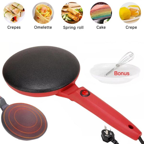 Electric Pancake Maker Crepe Plate Frying Non Stick Pan Cooker Baking Dessert Red