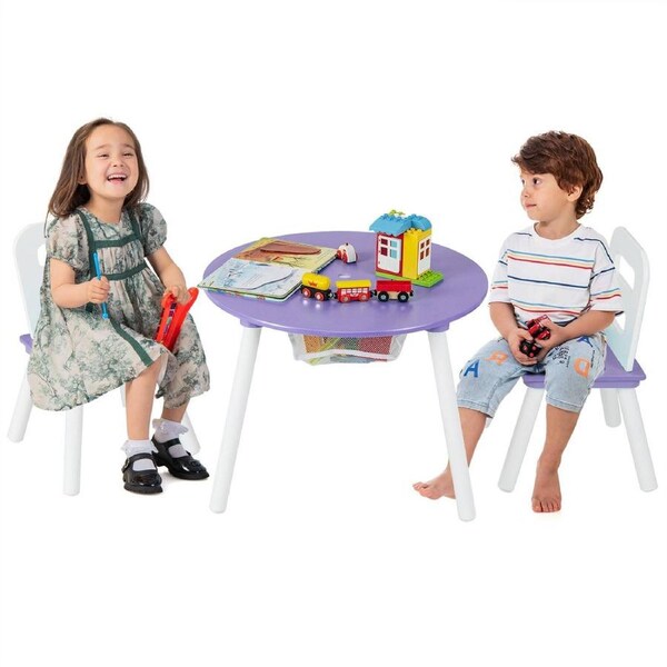 Costway 3PCS Wooden Table & Chair Set Play Activity Desk Home Classroom Purple