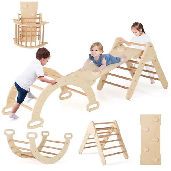 Costway Climb Playset Wood Playground Set Reversible Triangle Climbing Ladder Slide Ramp Amusement Play Set Natural