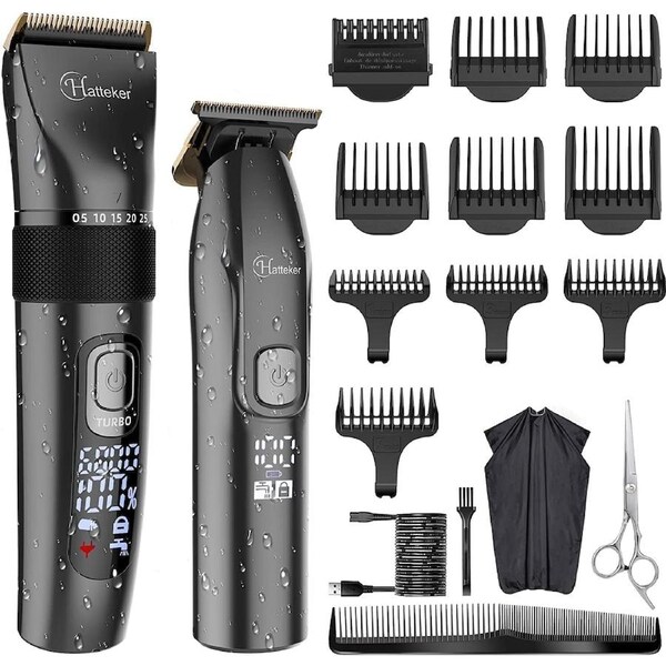 Hatteker Mens Professional Hair Clippers and T-Blade Trimmer Kit Cordless Beard Barber Clipper Hair Cutting Kit Haircut Grooming Kit IPX7 Waterproof (Black)