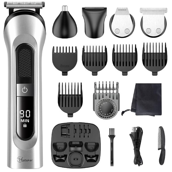 Hatteker Beard Trimmer for Men Hair Clipper Cordless Mustache Nose Trimmer Body Groomer Hair Cutting Kit Precision Trimmer USB Rechargeable Waterproof 5 in 1(Silver)
