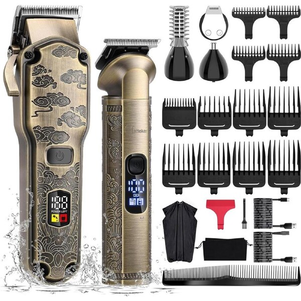Hatteker Professional Hair Clippers for Men Beard Trimmer Clippers and Trimmer Set Waterproof T-Blade Trimmer Cordless Grooming Kit Nose Body Hair Trimmer Barber Clippers Hair Cutting Kit
