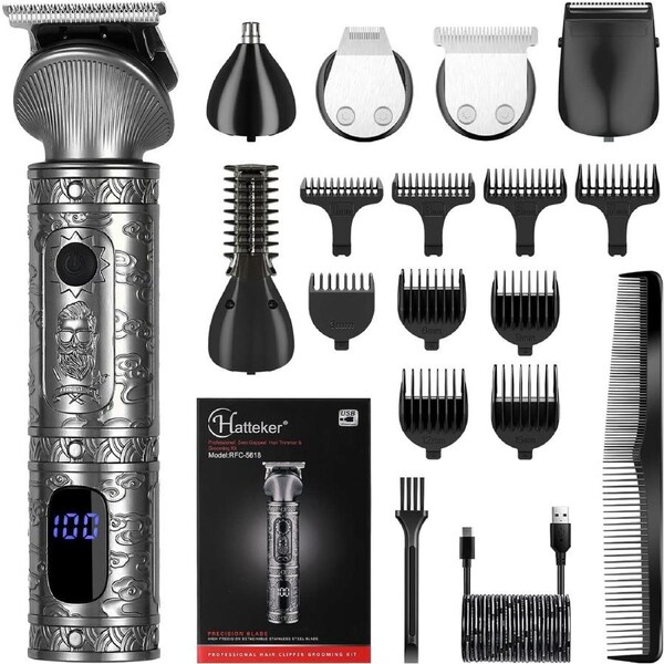 Hatteker Silver Hair Cutting Trimmer Kit for Men, Professional Hair Clipper Trimmer T-Blade Trimmer Nose Trimmer Beard Hair Shaver Nose Trimmer Hair Cutting Body Grooming Kit 6 in 1