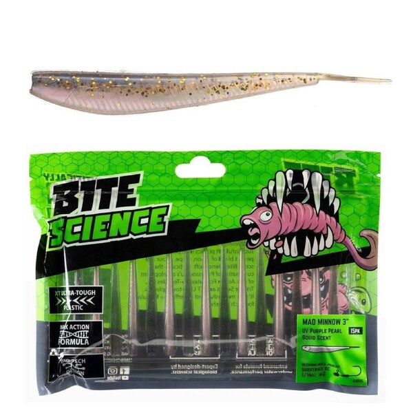 15 Pack of 3 Inch Bite Science Mad Minnow Soft Plastic Lures - UV Purple Pearl