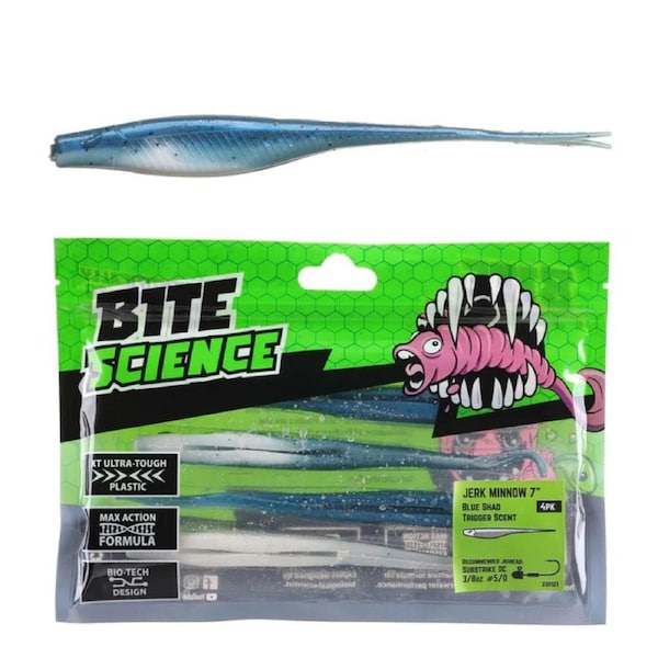 4 Pack of 7 Inch Bite Science Jerk Minnow Soft Plastic Lures - Blue Shad