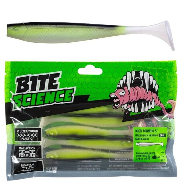 5 Pack of 5 Inch Bite Science Kick Minnow Soft Plastic Lures - Greenback Herring