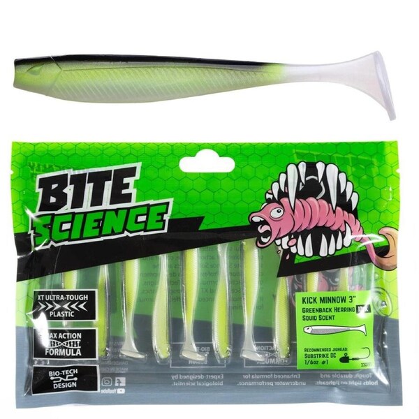 10PK Bite Science 3in Kick Minnow Soft Plastic Fishing Lures Greenback Herring