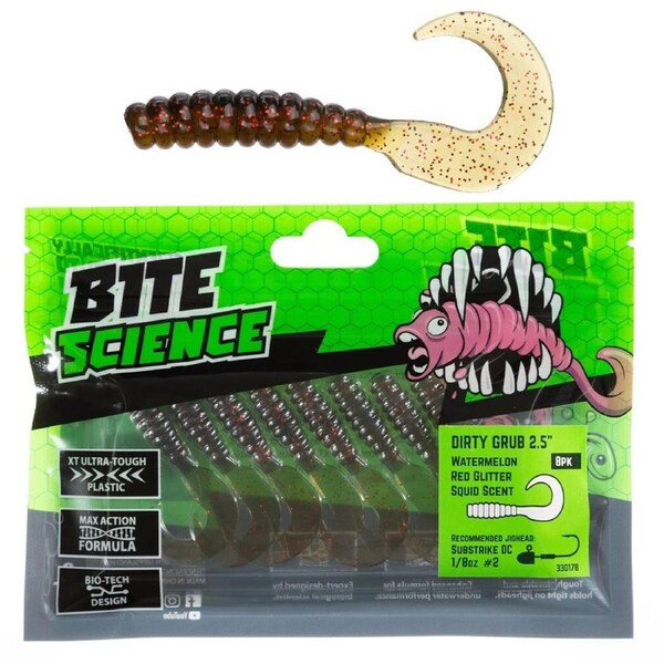 8 Pack of 2.5 Inch Bite Science Dirty Grubs Soft Plastics-Watermelon Red Glitter