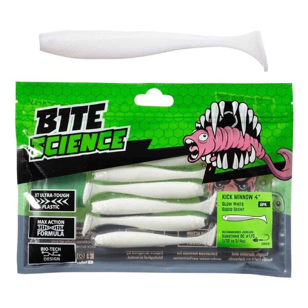 6 Pack of 4 Inch Bite Science Kick Minnow Soft Plastic Lures - White Glow