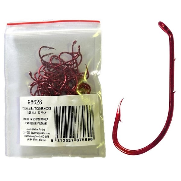 50 Pack of Tsunami Size 4 Red Chemically Sharpened Baitholder Hooks