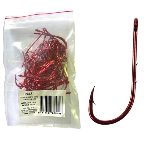 50 Pack of Tsunami Size 3/0 Chemically Sharpened Red Baitkeeper Hooks